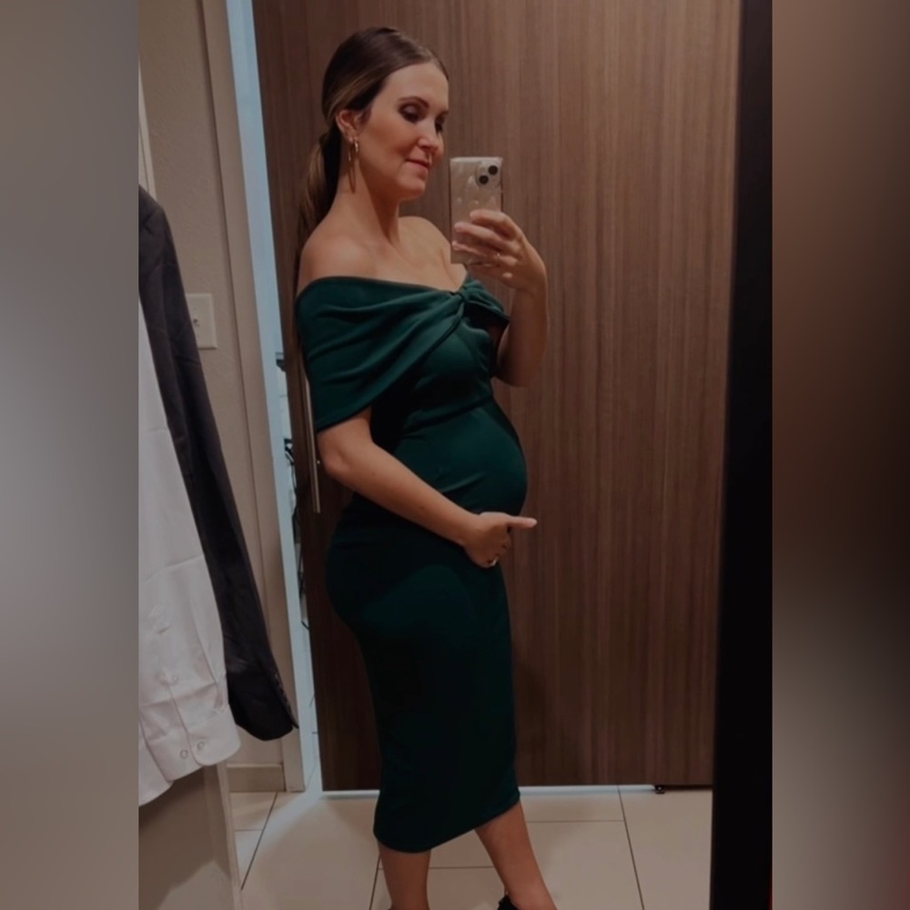 Off the shoulder, forest green, club London maternity dress